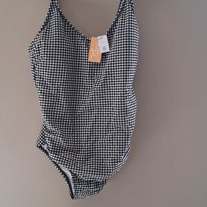 Kona Sol Textured Gingham Ruched Full Coverage 1 Piece Swimsuit Black NWT SZ XL